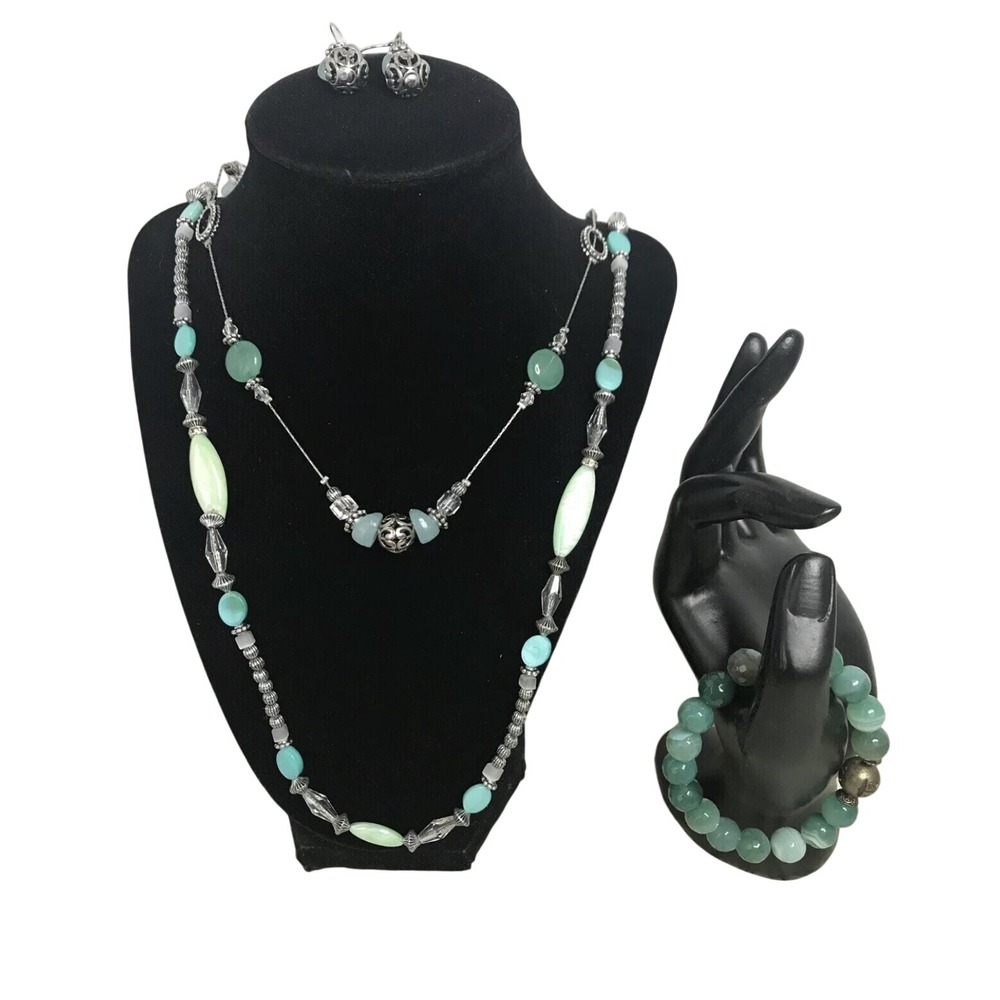 Aqua‎ Green Beaded Jewelry Set Necklace Bracelet Earrings Silver Tone